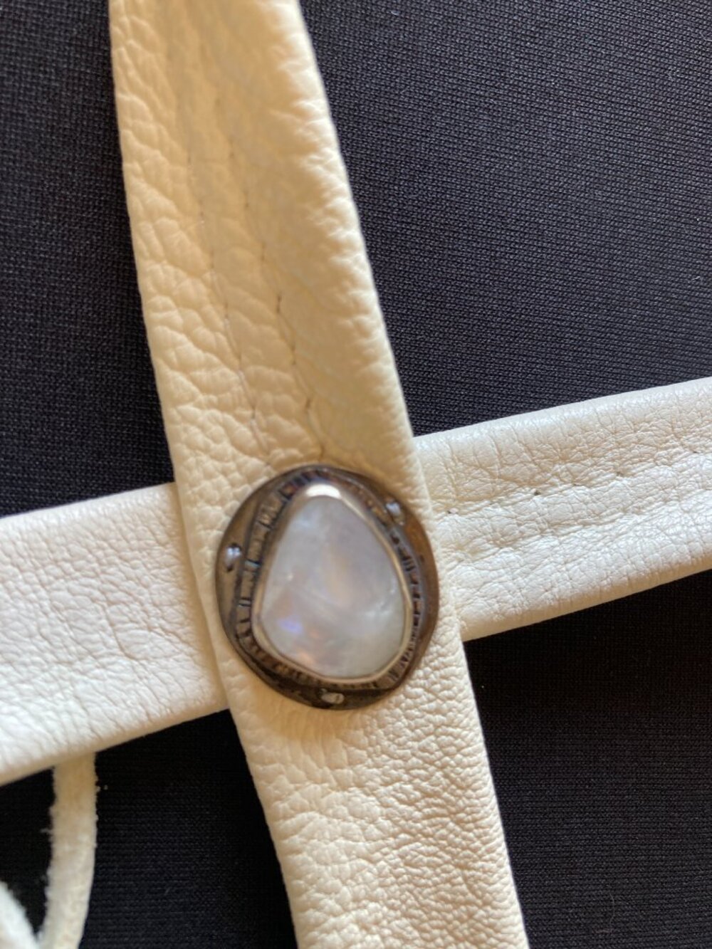 White Leather Fringe Bolo with Moonstone Embedded - Picture 8 of 9